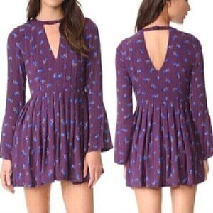 FREE PEOPLE FP Teagan Dress Purple Blue Long Flare Sleeve Cutout Mini Fit Flare